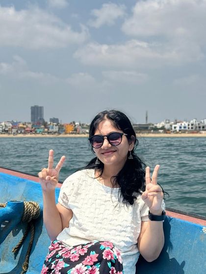 Peace and happiness on the open water! A client enjoying her relaxing and fun boat trip.
