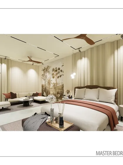 Another perspective of the expansive master bedroom, highlighting the integration of the sleeping and lounging zones. The full-height curtains add a touch of softness and allow for control over natural light.