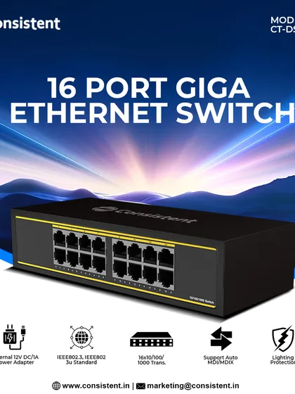 This 16-port Gigabit Ethernet Switch is the backbone for a powerful office or home network. It provides high-speed, stable wired connections for multiple devices and includes built-in lightning protection, making it a reliable choice for Indian power conditions.