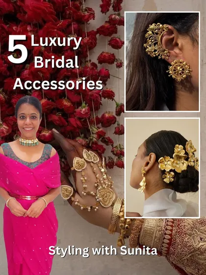 More luxury bridal accessories to inspire your look, including stunning gold ear cuffs, floral hair adornments, and a detailed hathphool.