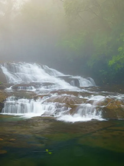 A misty, ethereal waterfall found near the living root bridges in Meghalaya. The long exposure softens the water, while the fog adds a layer of mystery to the scene.