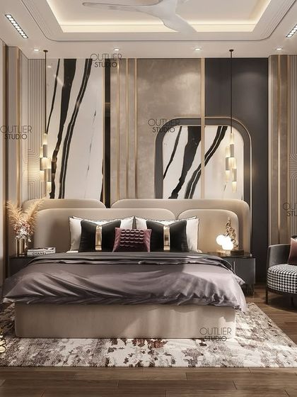 Come and experience true luxury with our latest master bedroom design. It features sleek, modern furniture and chic wall paneling that blends upholstery, metal, glass, and marble for a sophisticated, layered look.