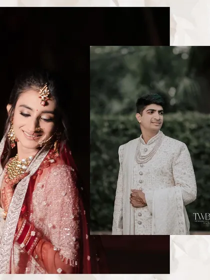 A collage showing individual portraits of the bride and groom on their wedding day. It captures their anticipation and happiness before they unite at the ceremony.