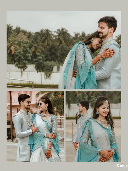 A bright and airy collage of a couple in beautiful blue and white outfits for their ceremony.