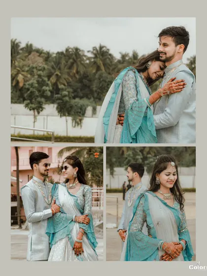 A set of sweet, candid couple portraits from their Haldi day, capturing quiet moments of affection amidst the celebrations.