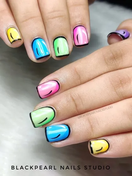 This playful and vibrant set is inspired by pop art and comics. Each nail features a different bright color with a bold black outline and highlight to create a 2D cartoon illusion. This design showcases my ability to execute fun, creative, and precise hand-painted art.