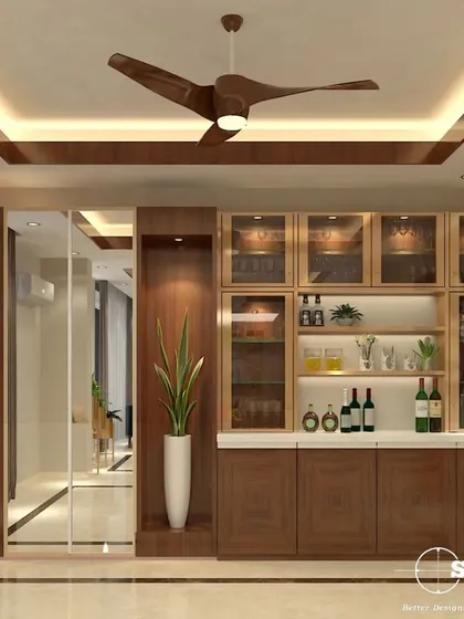 A custom bar and crockery cabinet designed to be both beautiful and practical. This unit features glass-front upper cabinets to display glassware, a solid countertop for serving, and ample concealed storage below.