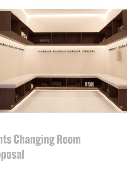 This conceptual render for the gents' changing room focuses on the functionality of the space. It illustrates the proposed U-shaped layout with cushioned benches, coat hooks, and integrated overhead and under-seat storage solutions.