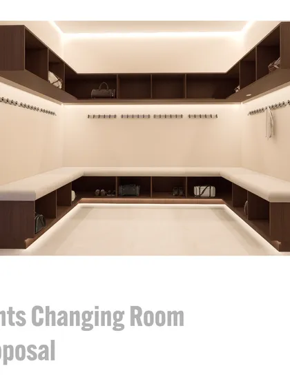 Our proposal for the gents' changing room, illustrating the U-shaped layout with cushioned seating and ample storage. The design focuses on maximizing utility and comfort.
