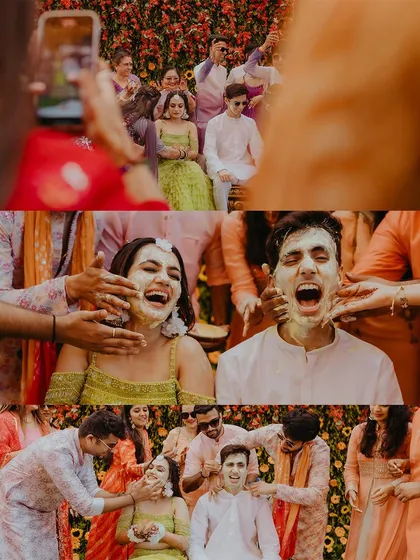 A collage showing the progression of the Haldi fun, from the first application of turmeric to the couple being completely covered.