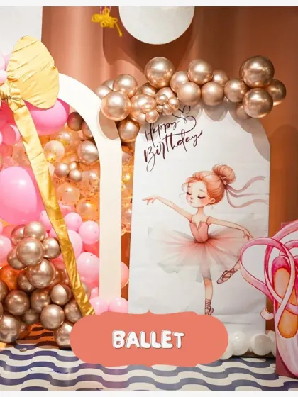 A graceful and elegant ballet theme, perfect for your little dancer. This setup includes beautiful ballerina art, shoe cutouts, and a sophisticated pink and gold balloon display.