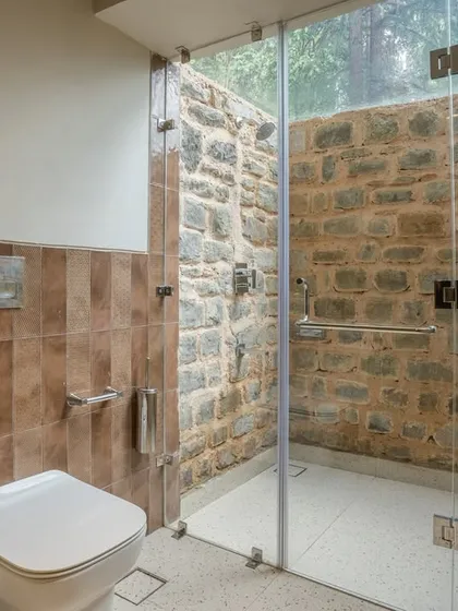 In our Himalayan mountain retreat, we used local stone for the shower wall to create a rustic yet refined feel. This design choice grounds the bathroom in its natural environment and adds authentic texture.