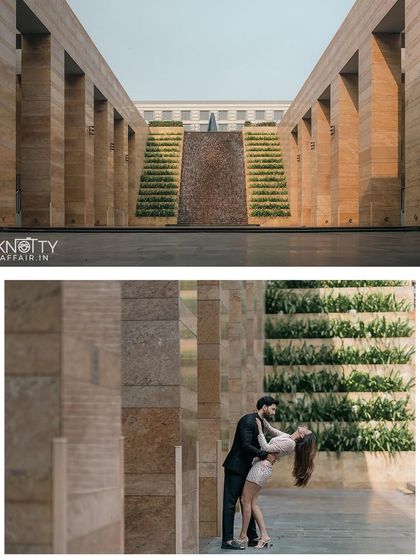 A pre-wedding shoot that combines grand architecture with romantic moments. The wide shot shows the impressive scale of the venue, while the closer shot captures the couple in a graceful dance pose.