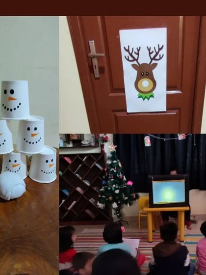 A collage showing the elements of our Christmas special, including the shadow puppet theatre, snowman game, and a "Pin the Nose on the Reindeer" activity.
