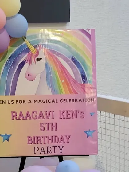 A custom welcome sign for a magical unicorn-themed 5th birthday party. I can personalize signs and props to match your event's theme and colors.