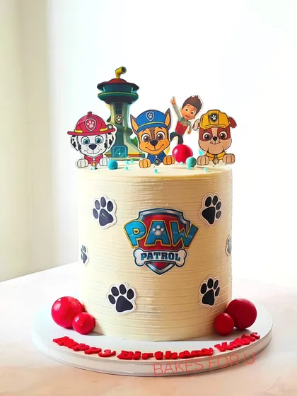 Another take on the popular Paw Patrol theme, this tall cake features the whole team ready for action. The textured buttercream and paw prints complete the look.