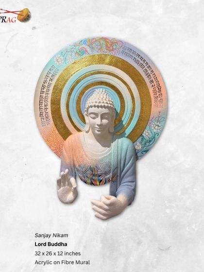 A serene fibre mural of Lord Buddha by Sanjay Nikam, with hands in a gesture of blessing, emerging from a backdrop of concentric circles and sacred scripts.