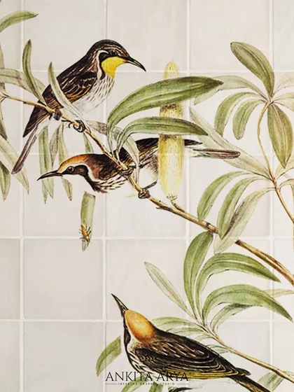 A close-up of the finished ceramic tile mural. The detailed illustration and soft, natural colors bring a touch of botanical elegance to what would otherwise be a plain surface.