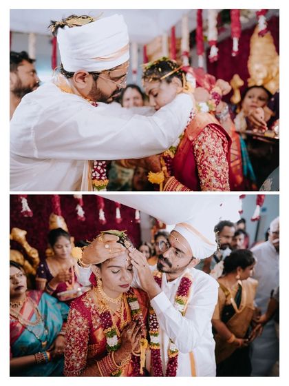 A collage capturing the different stages of the sacred thread ceremony, a key moment in a Hindu wedding.