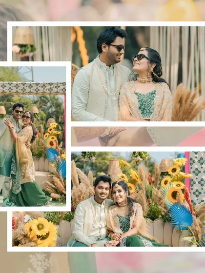 A collage of the couple's portraits from their boho-themed haldi. The sunflowers and pampas grass created a beautiful, unique backdrop.