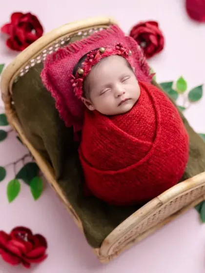 A wide-angle view of our red rose theme, showing the baby on a miniature bed surrounded by flowers.