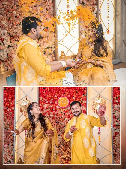A collage of a couple enjoying their Haldi ceremony, with flower petals being showered on them.