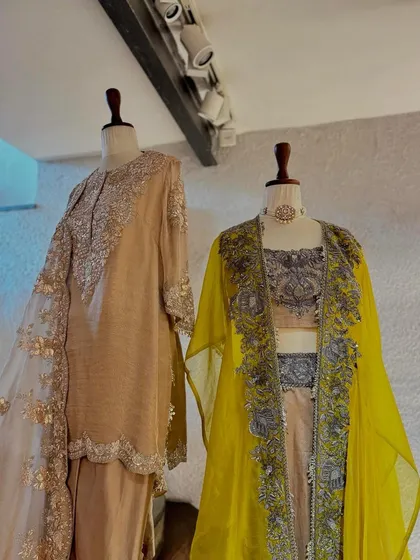 A closer view of the Prisho ensembles, highlighting the intricate silver and grey embroidery that adorns these elegant pieces.