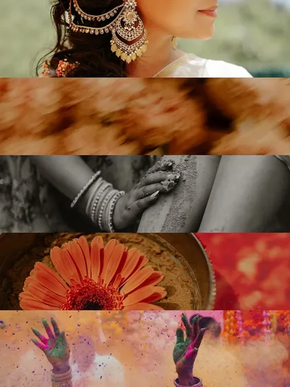 A Haldi ceremony is a feast for the senses. This artistic collage brings together different textures and moments, from the bride's intricate earrings to the vibrant colors of the celebration, creating a visual poem.