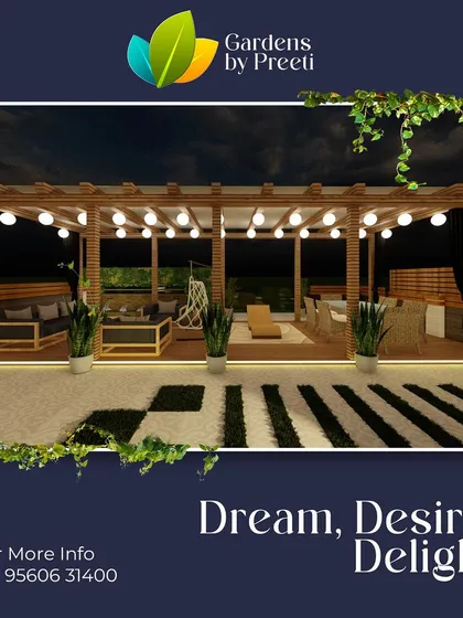 A render of a spacious terrace at night, illuminated by a string of globe lights under a large pergola. The design creates a magical, festive atmosphere perfect for entertaining.