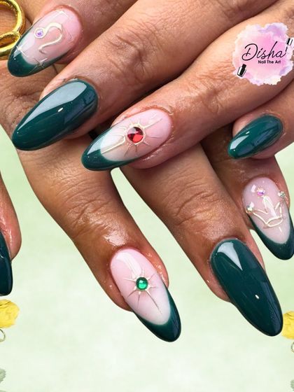 Beautiful greens and our obsession with drawing art on them. This design features a deep green base with intricate wire-like art and jewel accents.