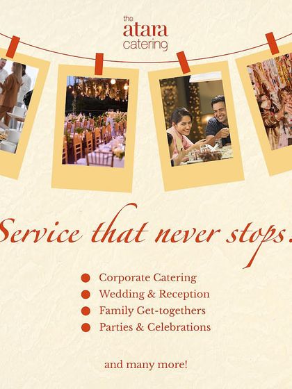 Our service never stops. This graphic lists the wide range of events we cater for, including corporate functions, weddings, family get-togethers, and private parties.