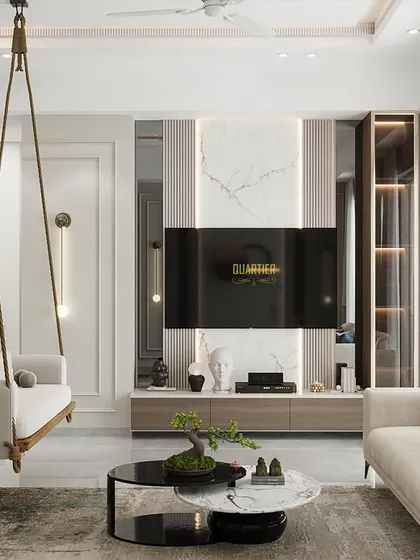 This render for the Apex D'Rio project shows how a swing can be integrated into a formal living area. The TV unit features a marble-look backdrop and is flanked by display shelves, combining entertainment with elegant display.