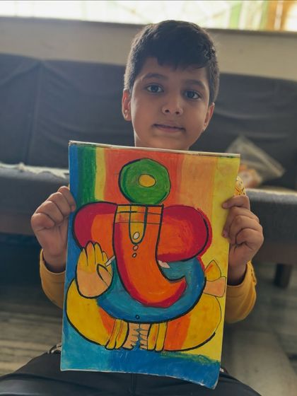 A student's abstract and colourful painting of Lord Ganesha, showing a modern take on a traditional subject. We explore both classic and contemporary art styles.