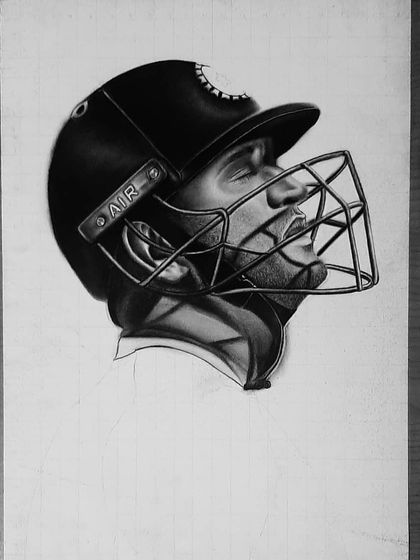 A step-by-step look at my tribute portrait of MS Dhoni. These images show the meticulous work of drawing the helmet, face, and jersey details over 90 hours.