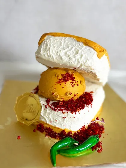 Yes, that's a Vada Pav cake! I love a creative challenge, and this butterscotch praline cake was designed for a true Mumbai street food lover. This cake travelled safely for five hours from Mumbai to Pune for the celebration.