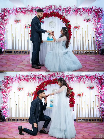 The ring exchange. This collage captures the key moment of the engagement ceremony, from the proposal on one knee to the celebratory kiss of the hand.