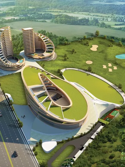 This render showcases my vision for the Urban Centre for Excellence in Telangana. The design is based on a "pool of ideas and loop of feedback" concept, creating a dynamic space for research and innovation with green roofs and interconnected, futuristic forms.