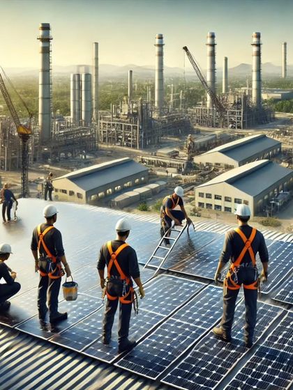 Powering industries with sustainable energy. This image shows our team setting up black monocrystalline solar panels on a factory roof for maximum efficiency.