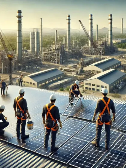 Powering industries with sustainable energy. This image shows our team setting up black monocrystalline solar panels on a factory roof for maximum efficiency.
