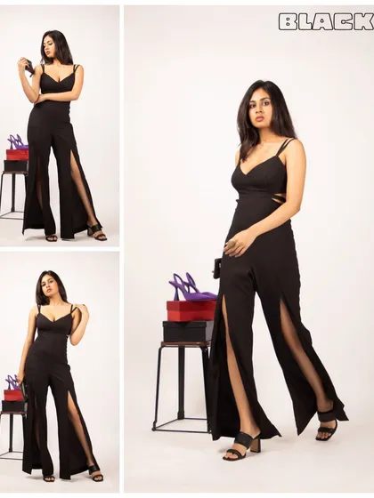A lookbook-style collage for a black jumpsuit. This shows the full outfit, different poses, and styling options, giving customers a complete picture.