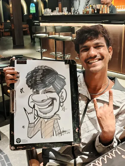 This guest was all about the rock and roll vibe, and I made sure his caricature reflected that. The hand gesture says it all.