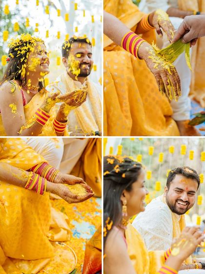 A four-part collage capturing the key rituals and candid moments of a Haldi ceremony in the forest.