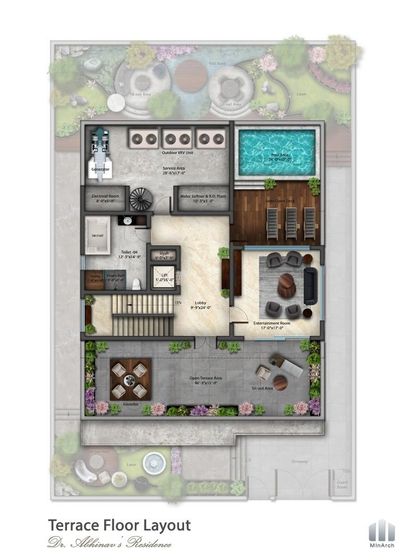 The terrace floor layout is designed as a dedicated zone for wellness and entertainment. The plan includes a gym, sauna, swimming pool with a deck, and a large semi-covered lounge, showcasing our holistic approach to luxury living.