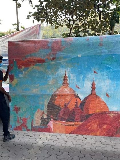 The wrapped Kamakhya canvas being carried to its new home. Seeing a piece this large go off to be installed is always an exciting moment.