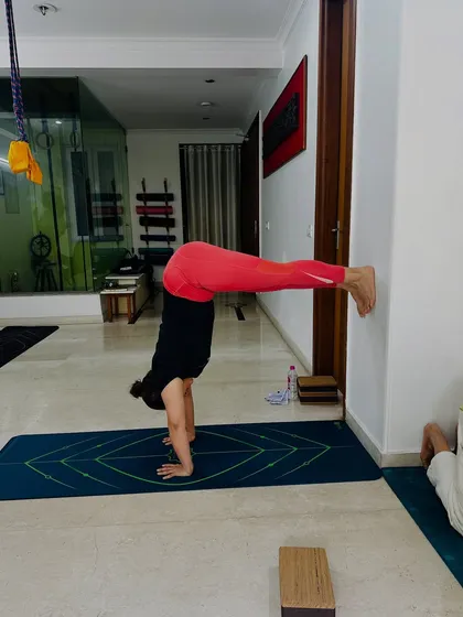 A student practices an L-shaped Handstand against the wall. This is an excellent way to build the strength and confidence required for freestanding handstands, while ensuring the shoulders are properly aligned.