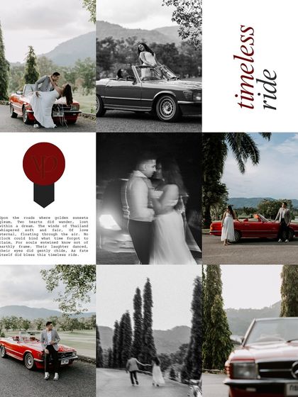 A mood board-style collage from the "Timeless Ride" series in Thailand. This format tells a more complete story, showcasing different angles, black and white edits, and detail shots from the pre-wedding session.