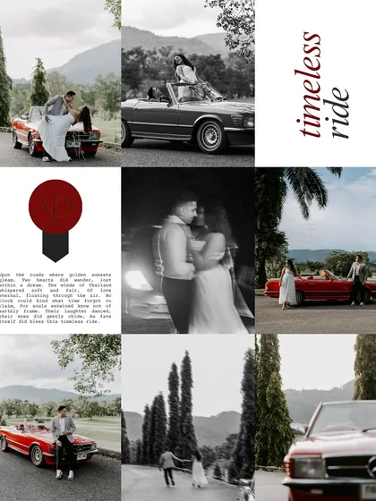 A mood board-style collage from the "Timeless Ride" series in Thailand. This format tells a more complete story, showcasing different angles, black and white edits, and detail shots from the pre-wedding session.