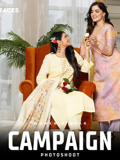 Two models share a lighthearted moment while dressed in elegant pastel-colored ethnic suits. Our campaign photography aims to capture authentic emotions and connections, making the brand more relatable.