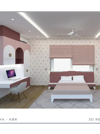 A Dreamy Pink Room Comes to Life: From a playful mood board of pinks and golds to detailed 3D renders, see how we brought this whimsical kid's bedroom to life. The final room, with its arched wardrobe details and integrated study, is a perfect match to the initial vision.