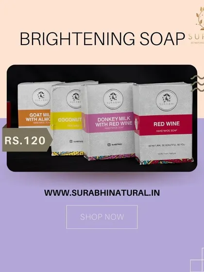 We offer a variety of brightening soaps for just Rs. 120. This includes our Goat Milk with Almond, Coconut, Donkey Milk with Red Wine, and Red Wine soaps.